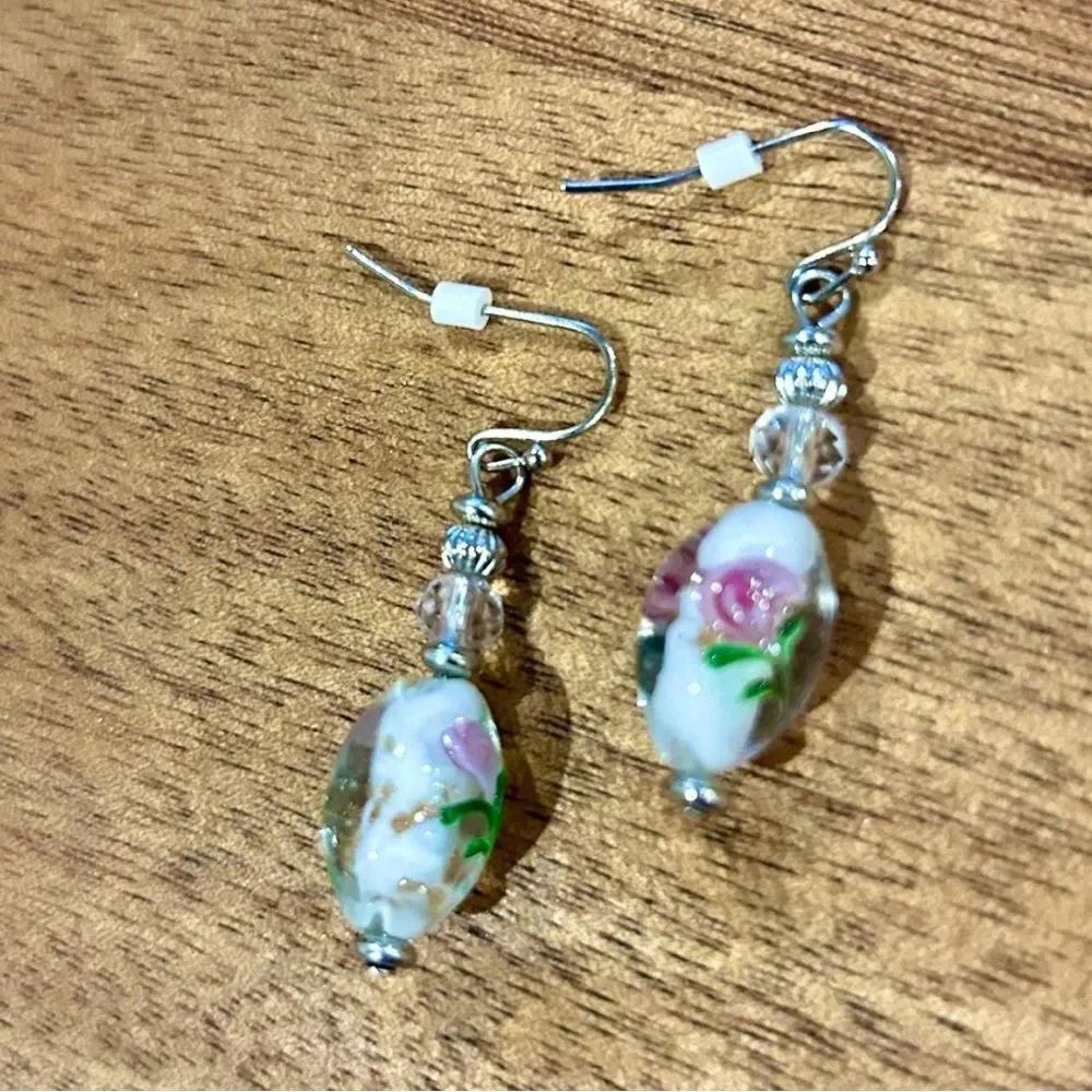 Floral Glass Bead Dangle Hook Earrings Romantic Boho Chic Cottagecore
